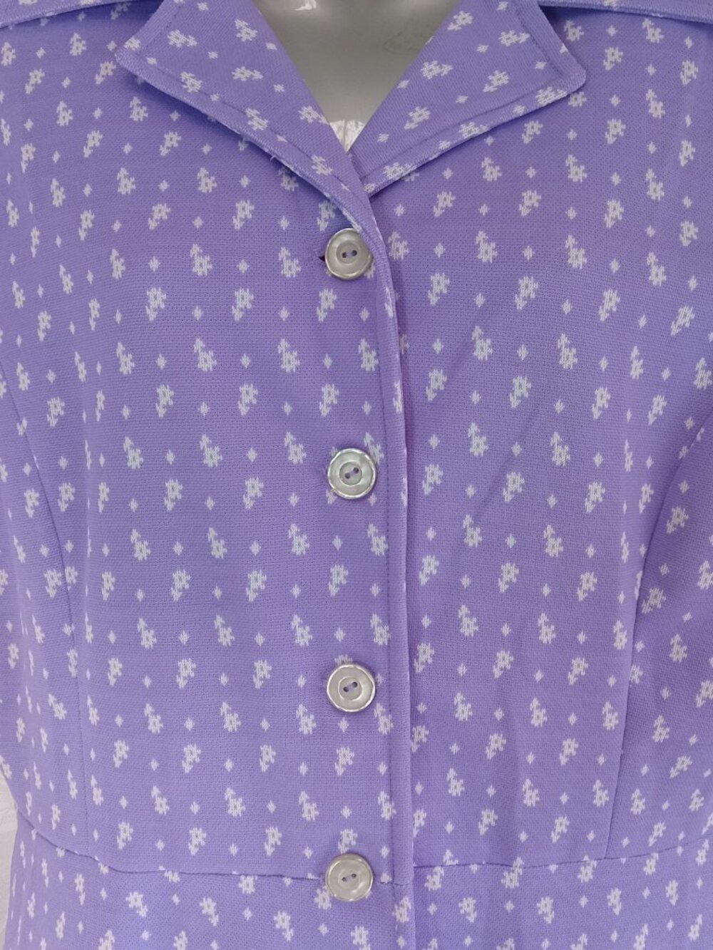 Vintage 70's Woman Light Lilac Purple White Mod Abstract Flower Blouse XL Shirt - Picture 4 of 11
